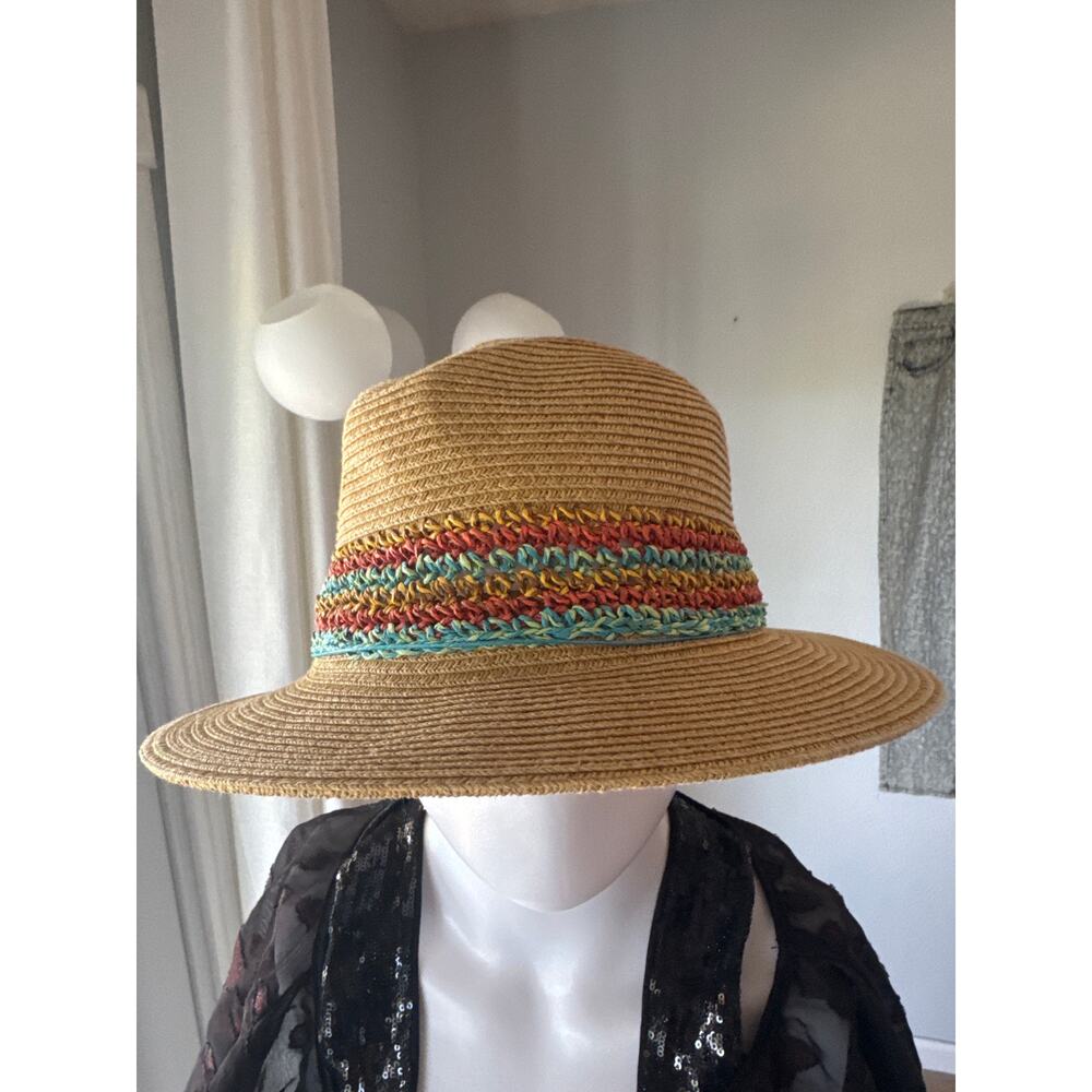 Scala Handmade Wide Brim Sun Hat Natural with Multicolor Band One Size